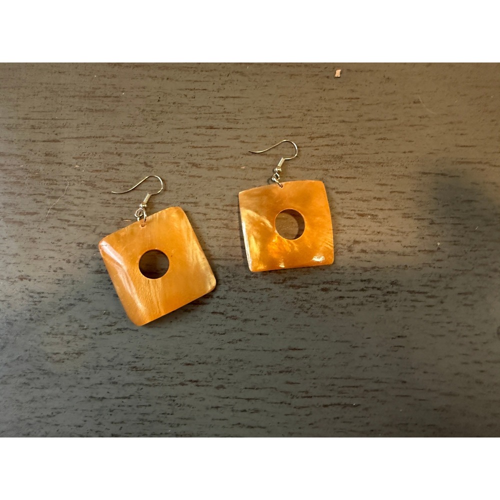 Orange Iridescent Square Cutout Drop Earrings Silver Tone Fishhook Geometric